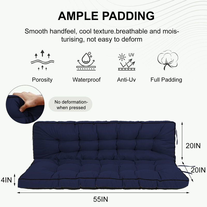 3 Seater Outdoor Porch Swing Cushion with Backrest, Dark Blue