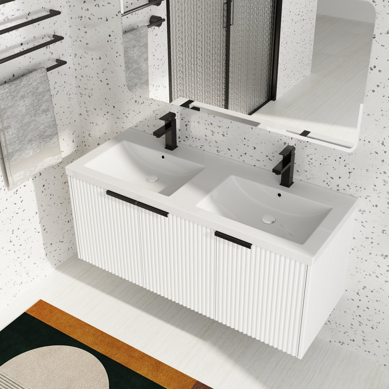 48" Wall Mounted Double Bathroom Vanity with Resin Top, White