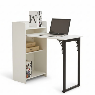 Foldable Computer Desk with Charging Station and Two-Tier Storage Shelf, 39.3 Inch Convertible Folding Writing Table Multi-Functional Space Saving Nightstand for Home Office Bedroom Dormitory Study Compact Workstation, White