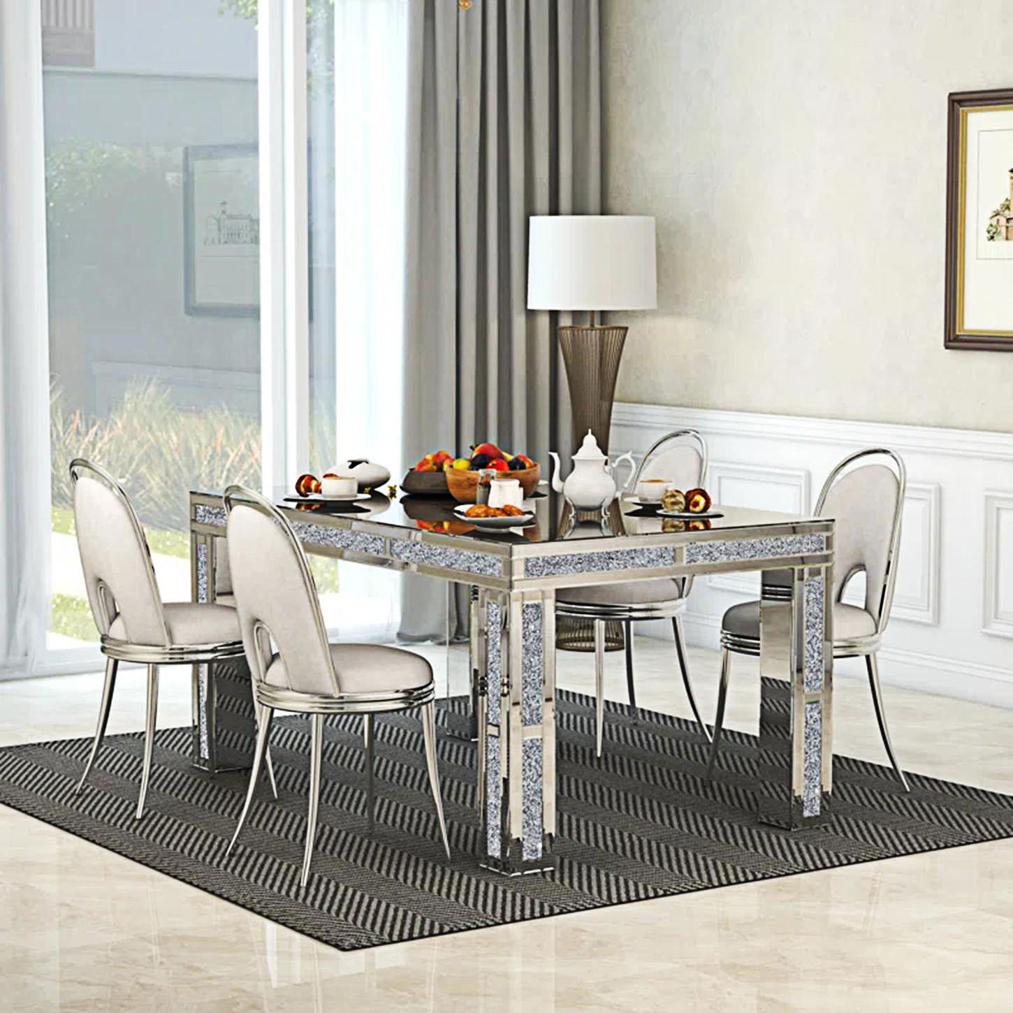 Everly Quinn Mirrored Glass Dining Table With 4 Legs And Crushed ...