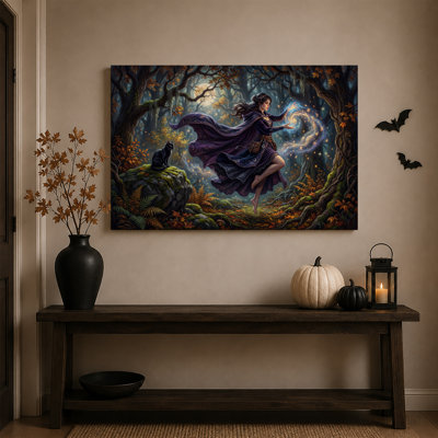 Witch in Purple Robe Casting Magic in Moonlit Halloween Canvas Wall Art
