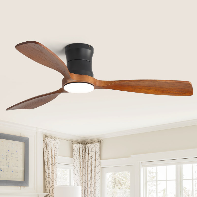 48" Flush Mount Ceiling Fan With Lights, Remote, Solid Wood Blades, Dimmable，Black and Brown, Brown/Black