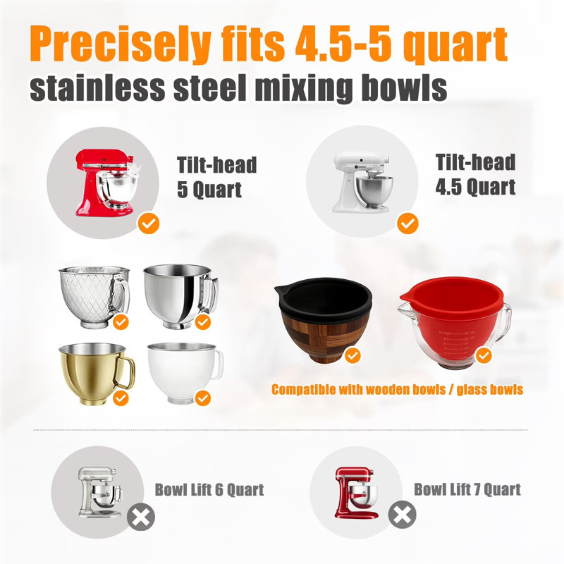 PQPO Silicone Liners Compatible with KitchenAid 4.5-5 Quart Tilt-Head mixer Bowl,2 Liners with Lids(White＋Red）