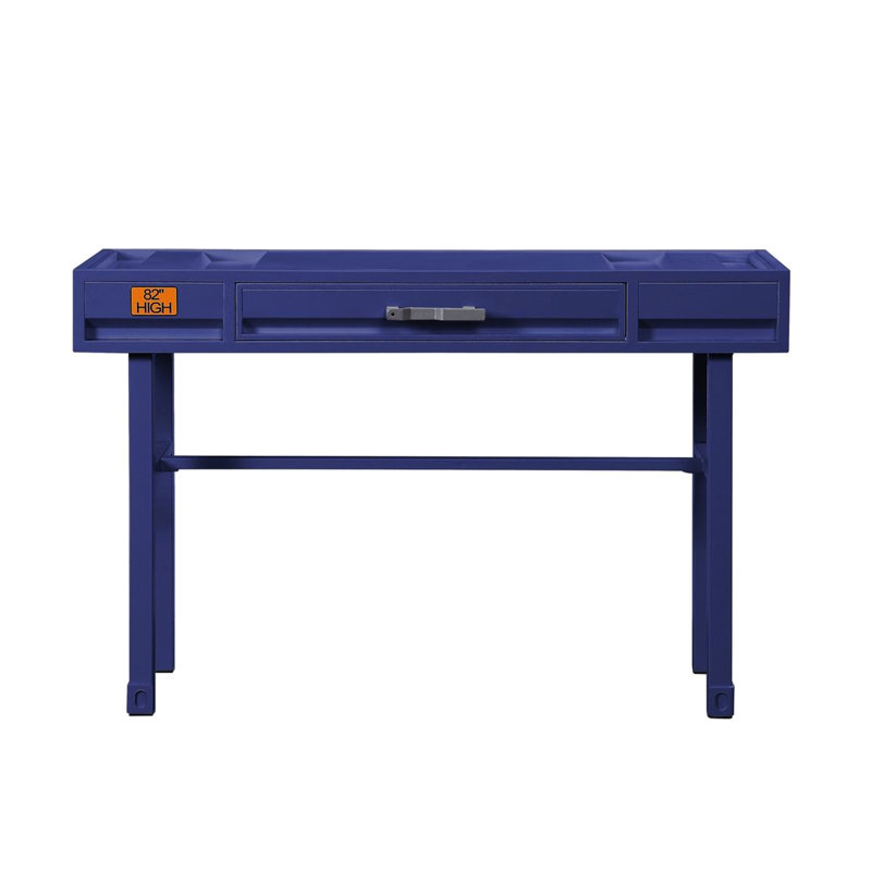 、、、、、 Bureau de coiffeuse en métal bleu avec un tiroir, une structure, des panneaux encastrés, un plateau en fer et une fermeture manuelle en bois