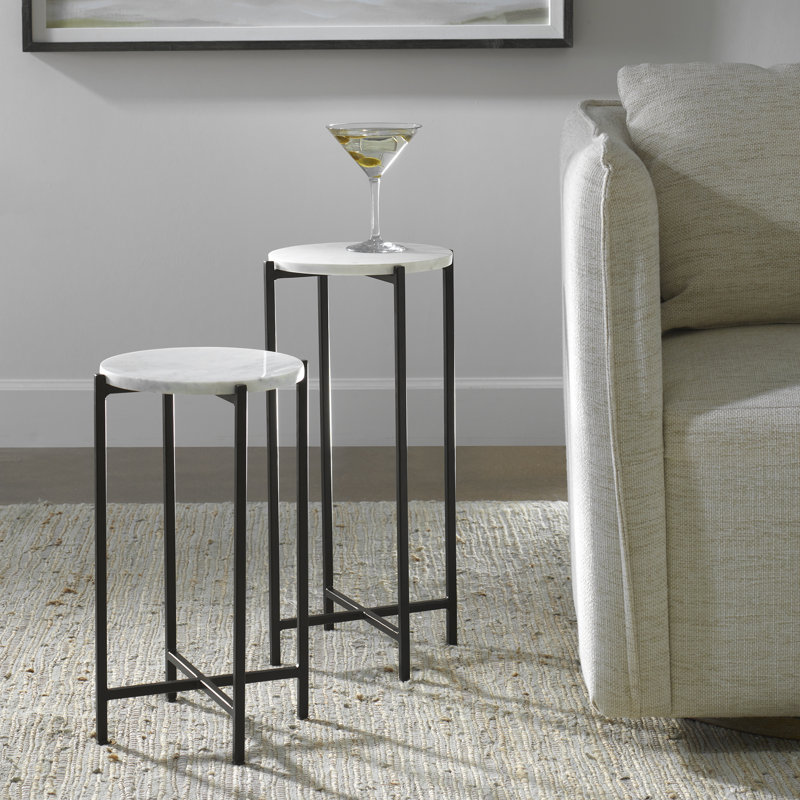 Valo White Marble Top Black Iron Nesting End Tables