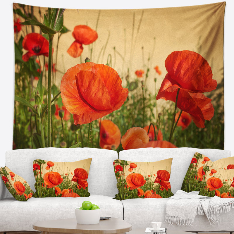 Tapisserie de champ de coquelicots rouges colorés, H 50 po x l 60 po