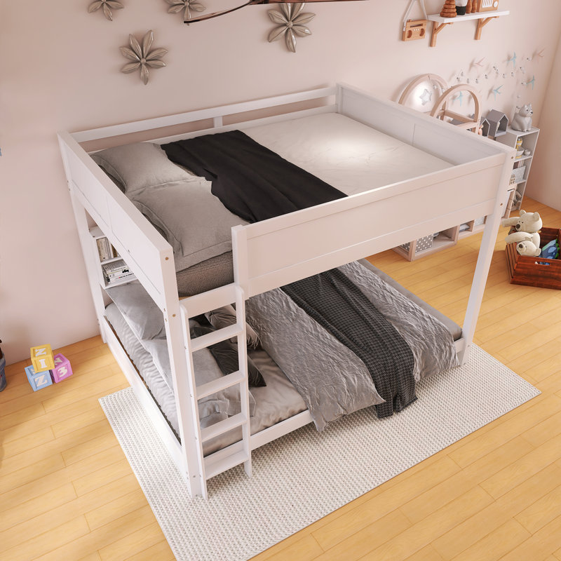 Wood Frame Queen Over Queen Size Bunk Bed With Storage Shelves And USB Ports, White