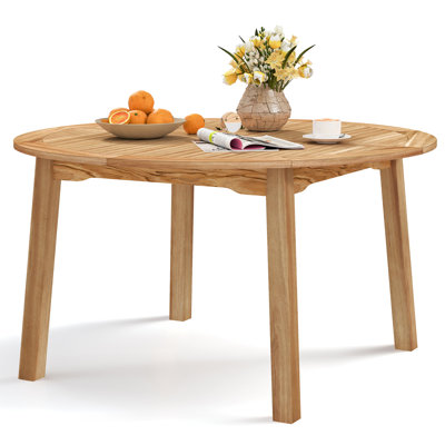 Round Patio Dining Table Acacia Wood Outdoor Dining Table w/ 2