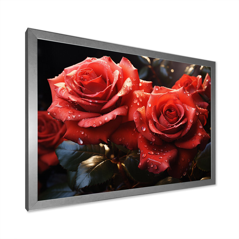 Roses rouges et noires lustrées du matin, Cadre simple argenté, H 30 po x l 40 po x P 1,5 po