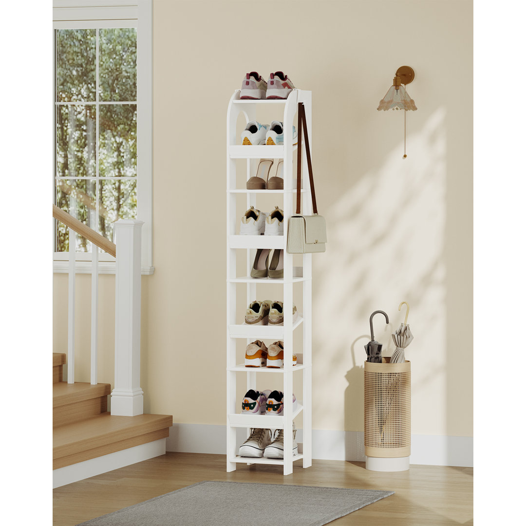 Vertical Shoe Rack, Shoe Shelves for Small Space, Freestanding Closet Wooden Shoes Organizer with Hooks, Adjustable Shoes Tower for Entryway, Living R