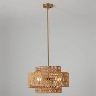 4-Light Handwoven Paper Rope Chandelier, 3-Tier Cylinder Pendant Light with Brushed Gold Canopy, Height-Adjustable Downrod for Sloped Ceilings