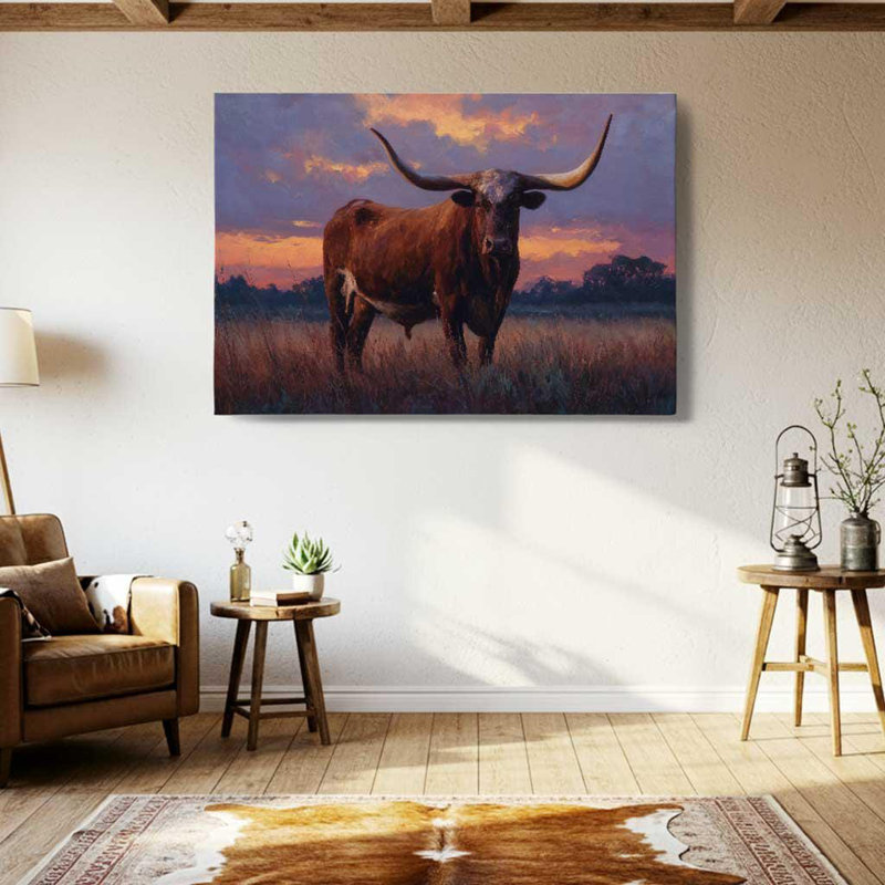 «Texas Longhorn», art mural sur toile - Western Sunset Ranch - Rustic Country Home Decor, H 20 po x l 30 po