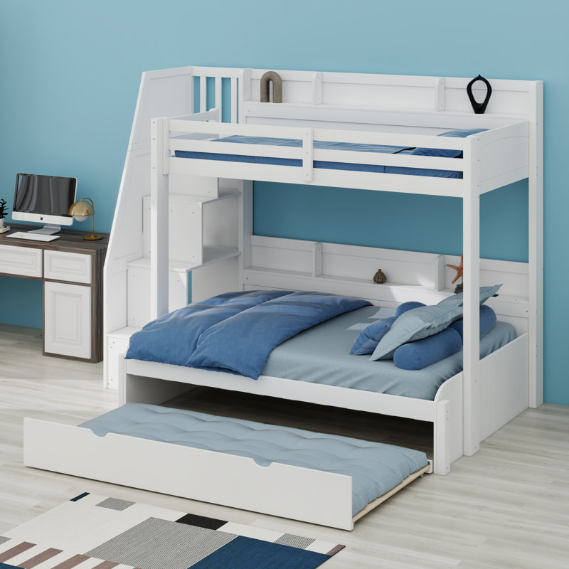Bunk Bed With Storage Staircase, Trundle, Storage Shelves, LED And USB, White