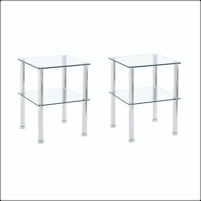 2-Piece Clear Glass Side Table with 2-Tier Storage
