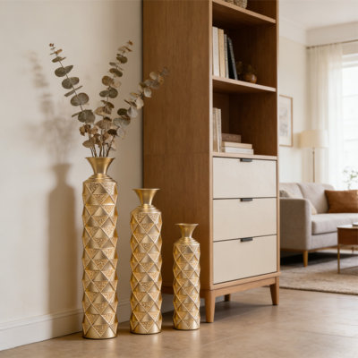 Ensemble de 3 vases de plancher en métal semi-faits à la main, motif géométrique plaqué or et grands vases décoratifs 33,5 / 29,5 / 25,2 pouces pour le bureau du vestibule du salon