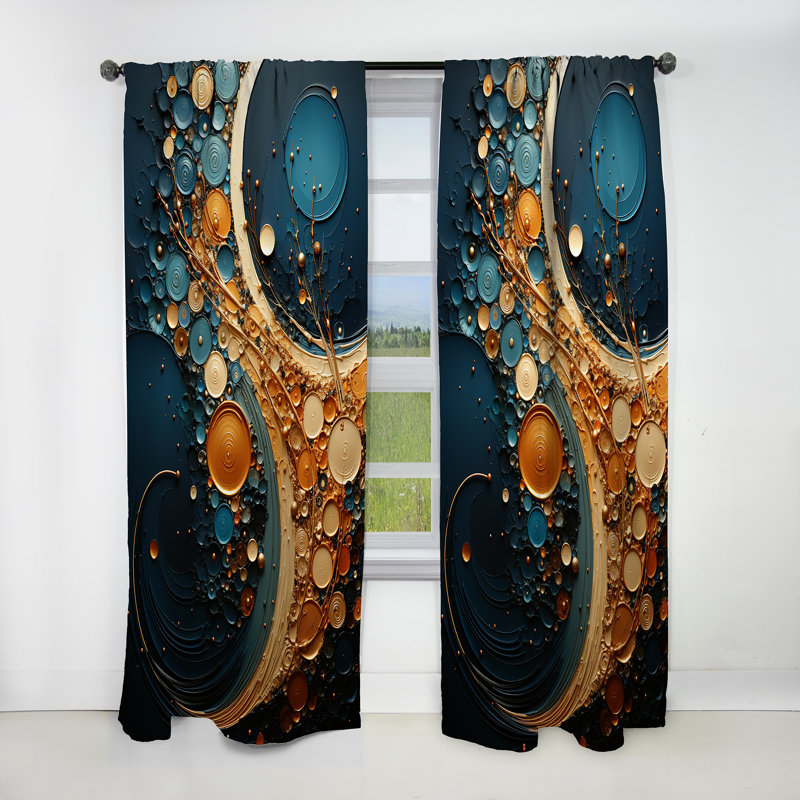 Gold Teal Abstract Spirals II - Rideau abstrait occultant avec spirales abstraites - 1 panneau, L 52 po x L 120 po