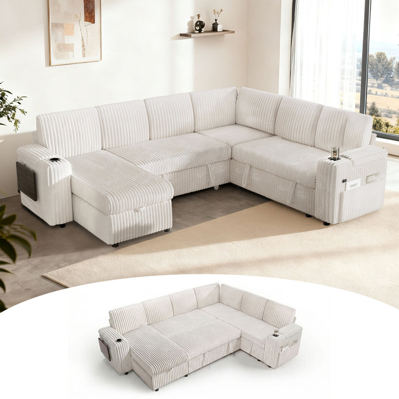 110" Modular Sectional Pull-Out Sofa With Side Table, Cupholders, Charging Ports, Beige