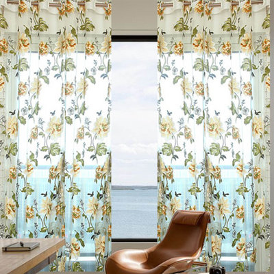 2 pièces Rideau décoratif pour porte en verre Élégant rideau de pivoine en gaze avec rideau en dentelle à suspendre fenêtre française transparent 39,37 x 78,74 pouces