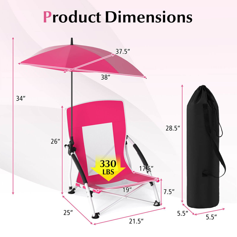 1 PCS Portable Beach Umbrella Chair with Hexagonal Parasol Comfy Armrest Breathable Seat Pink, 1, Pink