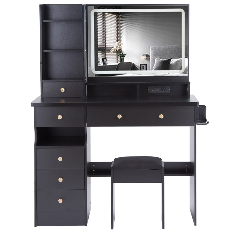 41" Large Size Left Drawer Desktop Vanity Table+Cushioned Stool Dresser Set, 2 AC+2 USB Power Station, Hair Dryer Stand, Extra Large Touch Control LED Mirror, 3-Color Switch, EPA, GCC, UL Certificate