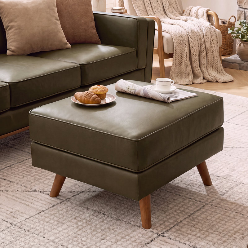 Repose-pieds rembourré Mid-Century de 29,7 po de largeur Havens, repose-pieds en similicuir avec pieds en bois massif, tabouret de table basse pour le salon, la chambre à coucher et le vestibule