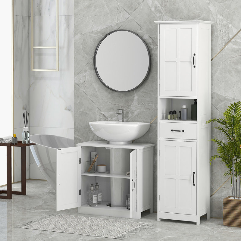 Meuble de salle de bain avec tablette réglable, blanc, créant un espace de rangement supplémentaire sous le lavabo, tablette intégrée