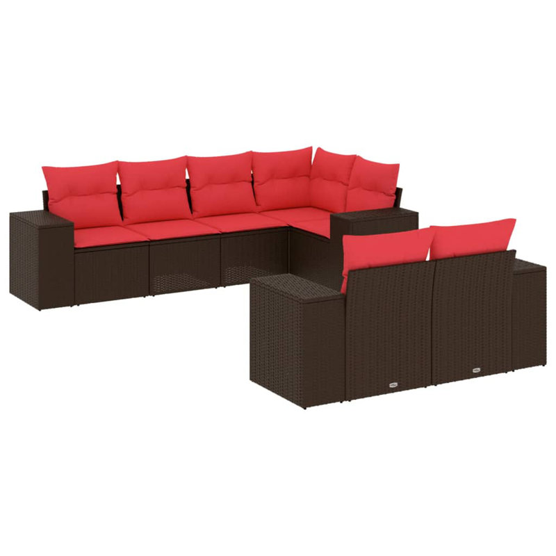  Ensemble de canapé de patio 7 pièces avec coussins en rotin de polyester brun, Rouge, Brun