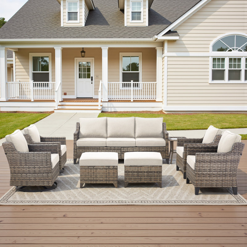 9 - Person Outdoor Wicker Patio Conversation Furniture Sofa Set With Swivel Chairs & Ottomans, Beige