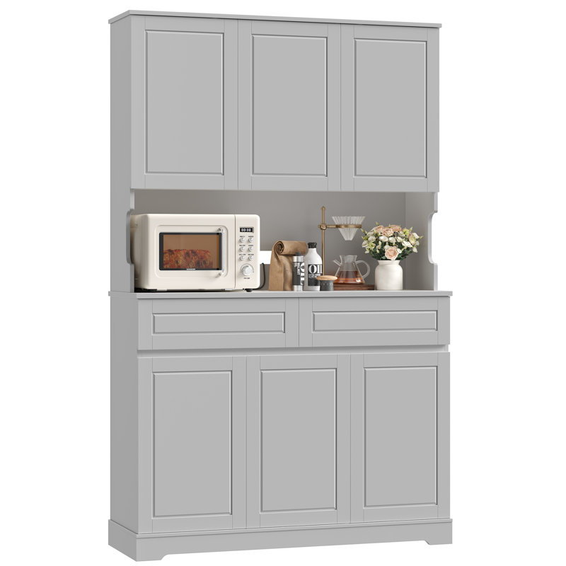 Garde-manger en bois 74 po avec tablette à micro-ondes et tablettes réglables, blanc, Gris