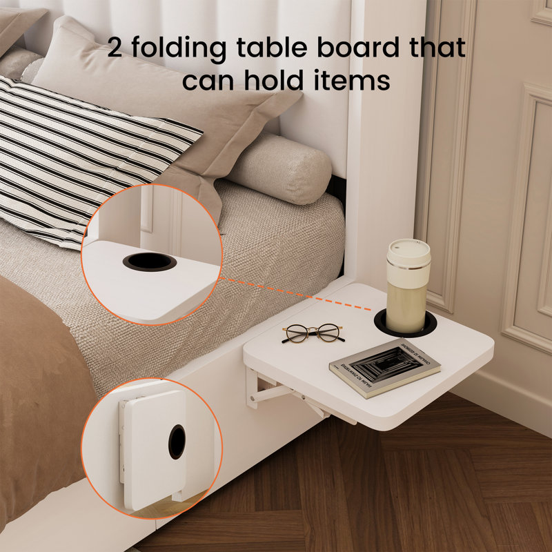 Bed Frame With 4 Drawers For Storage, Bedside Table, Pu Soft Headboard, Built-In Charging Station And Led Lights, Queen