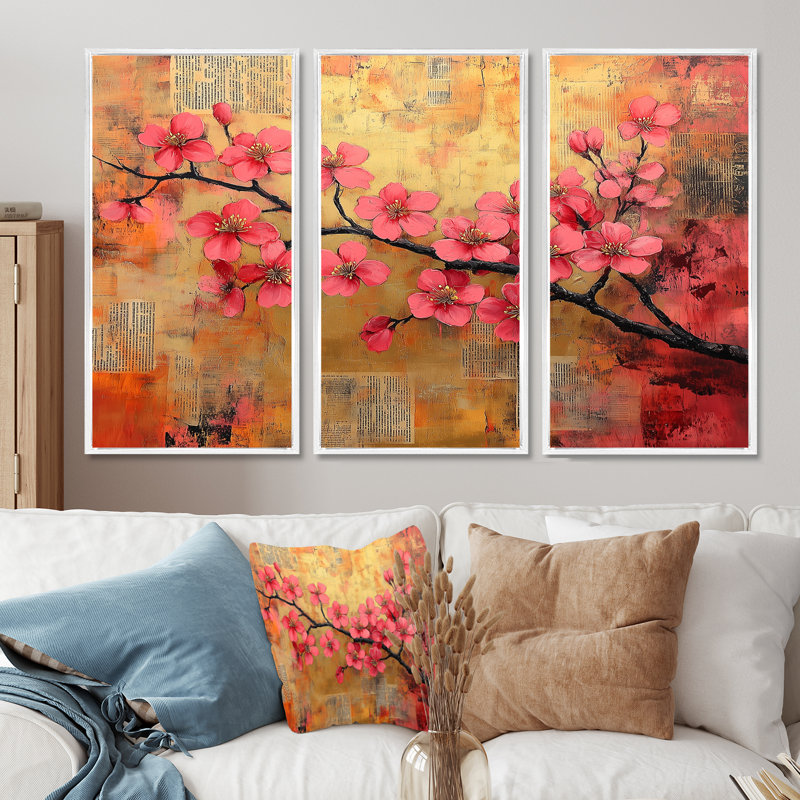 «Cherry Blossom I», art mural rose et rose, H 28 po x l 36 po x P 1 po, Toile encadrée flottée blanche