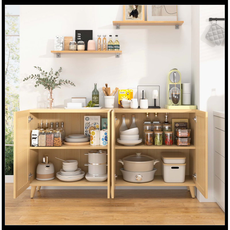 4-Door Buffet Storage Cabinet, Console Sideboard For Kitchen, Dining Room & Entryway, Oak