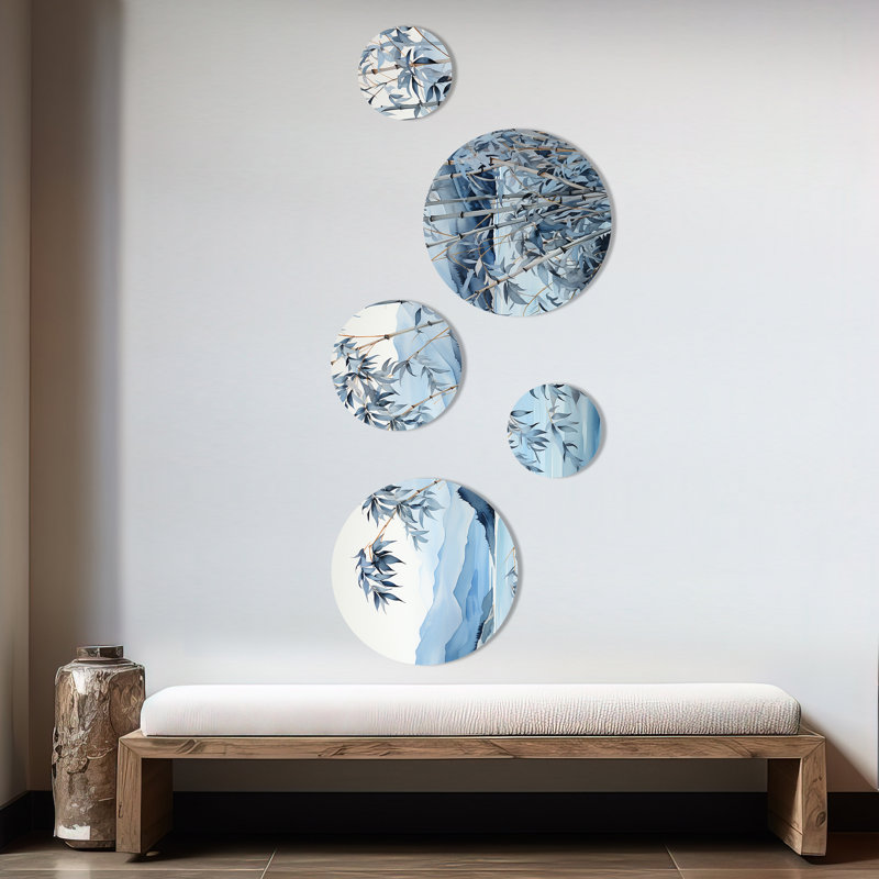 «Blue Bamboo Tranquility 1 - China Art», ensemble d'art mural rond sur 5