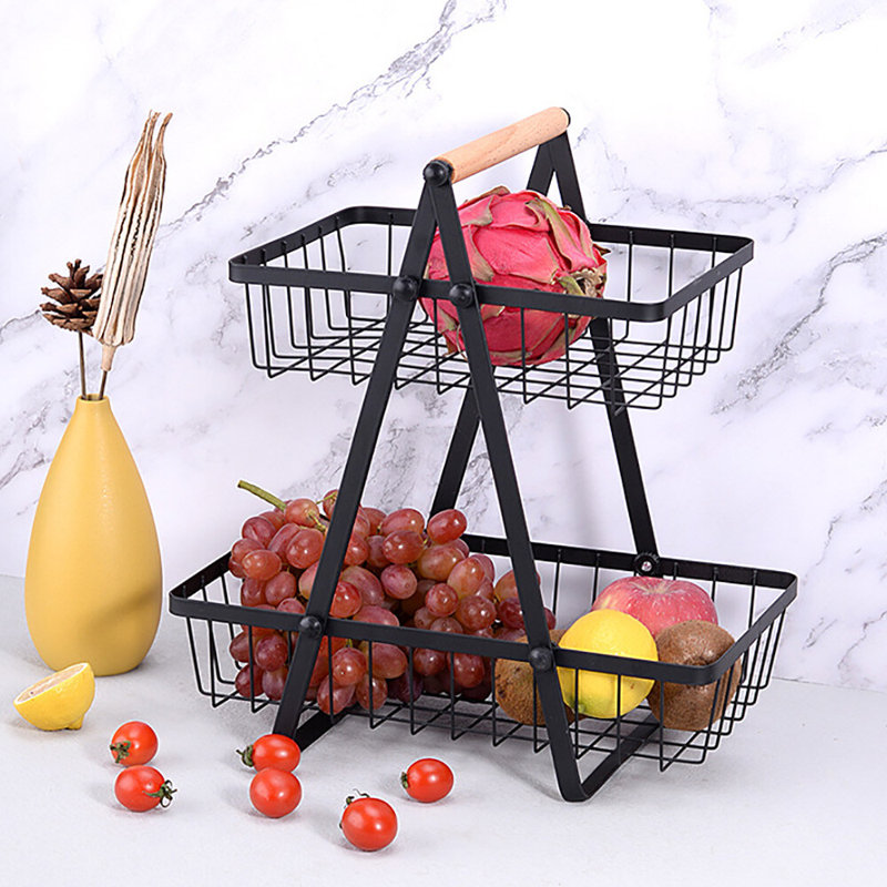 Rangement de cuisine portatif à 2 niveaux pour panier de fruits + panier en métal amovible, Black