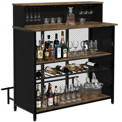 Home Bar Unit Mini Bar Liquor Cabinet with Storage and Footrest for Home Kitchen Pub (Brown)