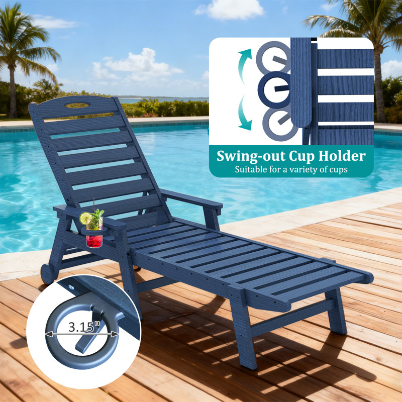 3-Piece All-Weather HDPE Wood-Look Outdoor Chaise Lounge Set with Wheels, Cup Holders & Double-Tier Side Table, Dark Blue