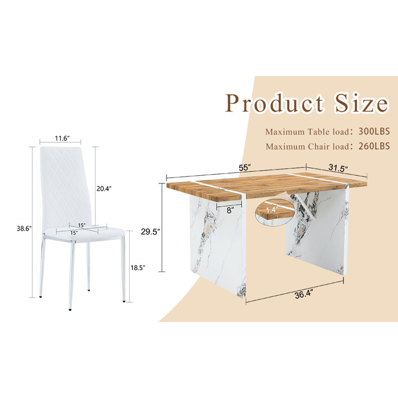 Table de salle à manger pour 4 personnes, table 55 po x 31,5 po, texture bois, chaises blanches, pieds en métal argenté, coussin respirant - patins