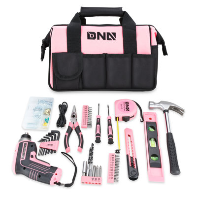 Ensemble de 44 outils de réparation de maison et sac de rangement en toile (rose)