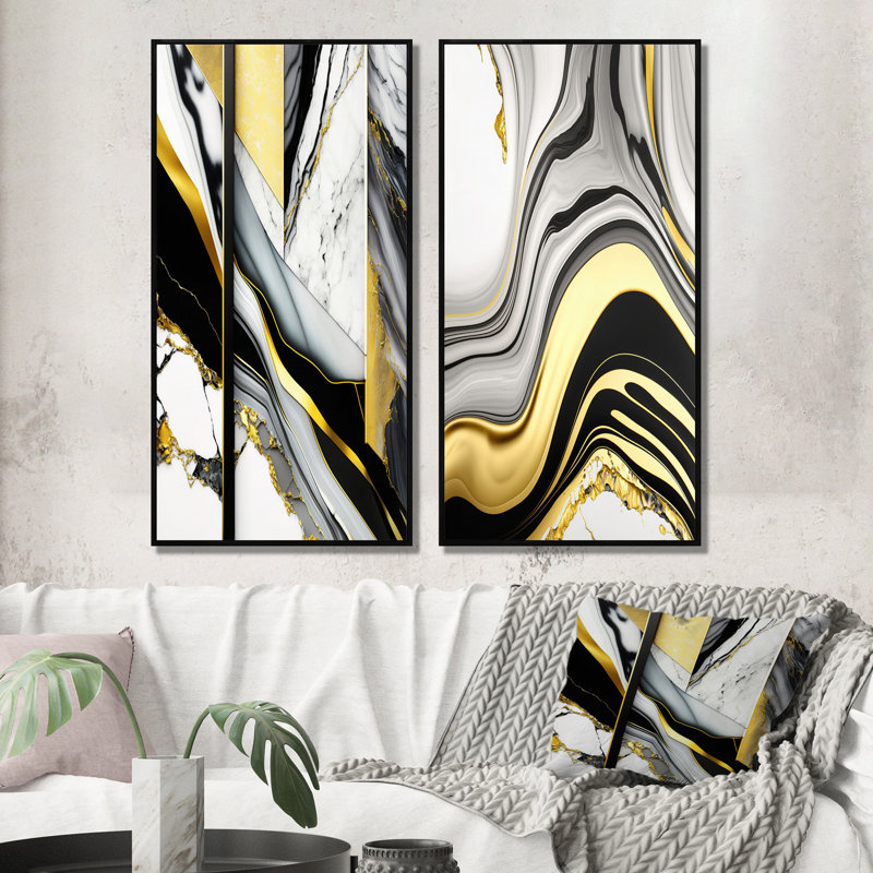 «Abstract Geode Geometric Marble Grey», 2 pièces sur toile, Cadre noir, H 20 po x l 24 po