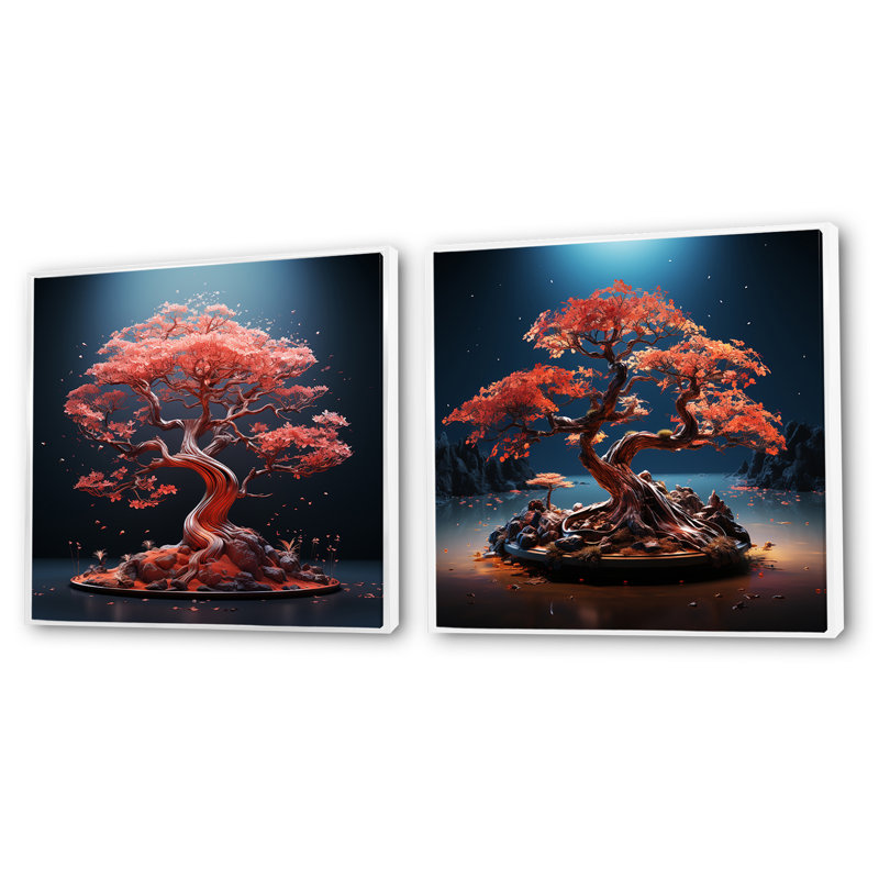 «Neon Coral Bonsai Euphoria», 2 pièces, H 16 po x l 33 po, Cadre blanc