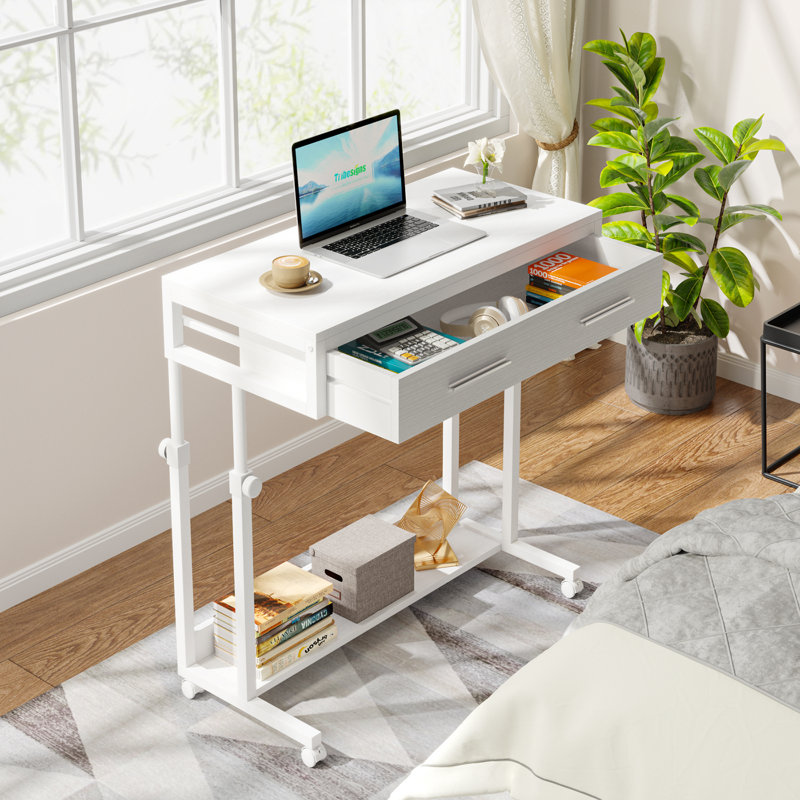 Yanal Height Adjustable Portable Mobile Laptop Desk with Drawers, Standing Desks for Home Office, White