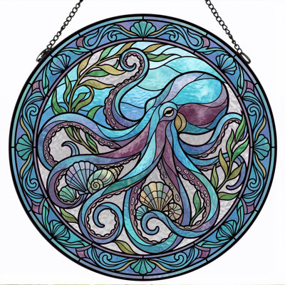 Octopus Design Stained Glass Window Panel，7.8H