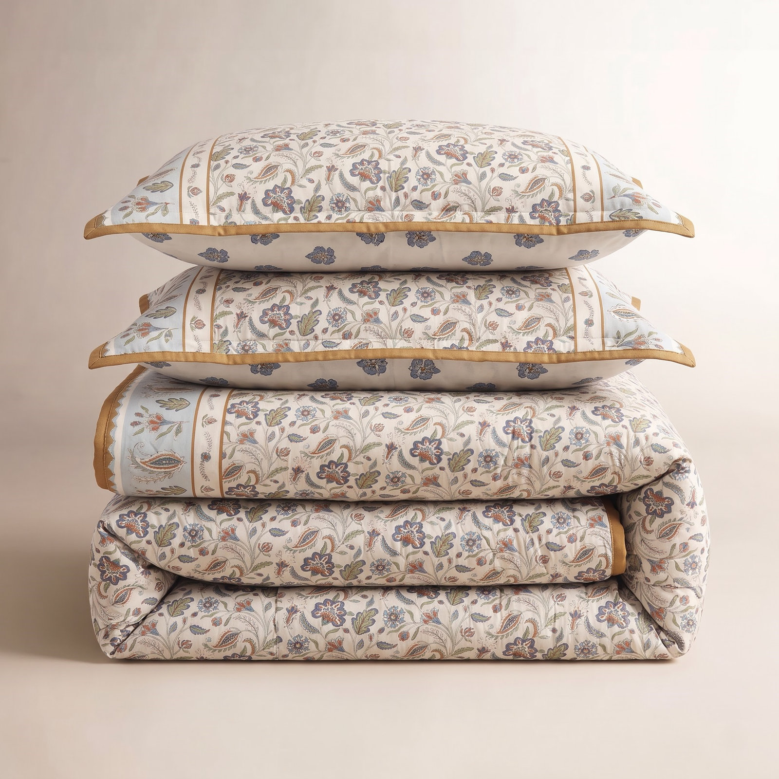 Floral Cotton Quilt Set, Full Quilt + 2 Standard Shams, Ivory Floral