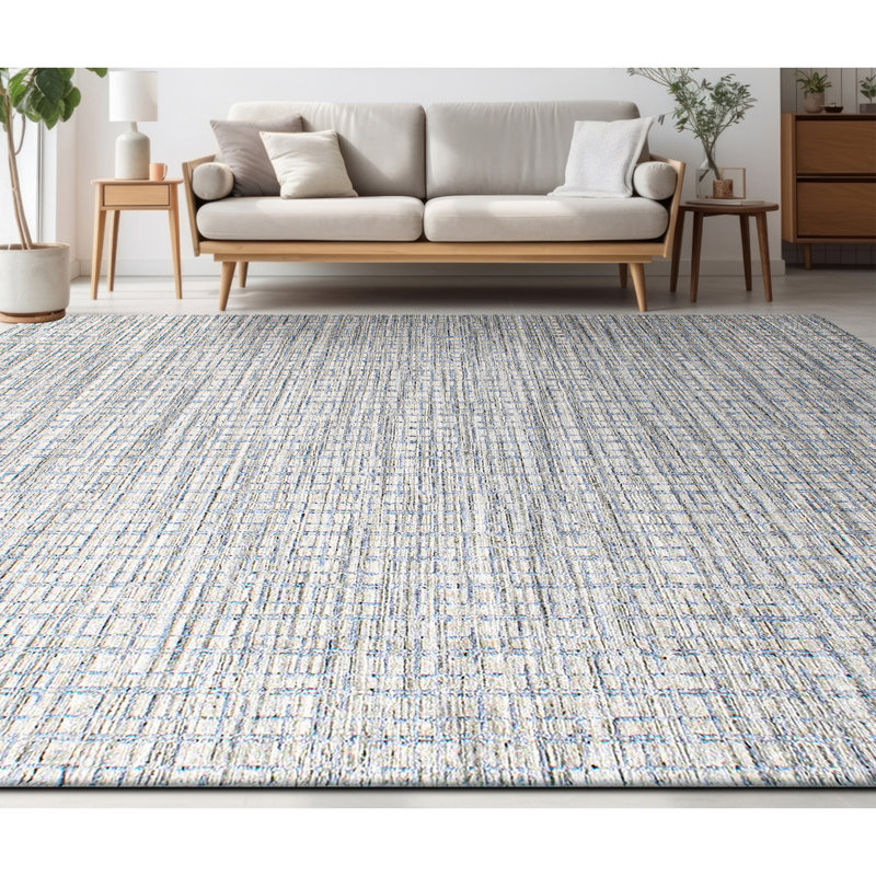Plaid Area Rug in Blue/Silver, Rectangle 10' x 14'