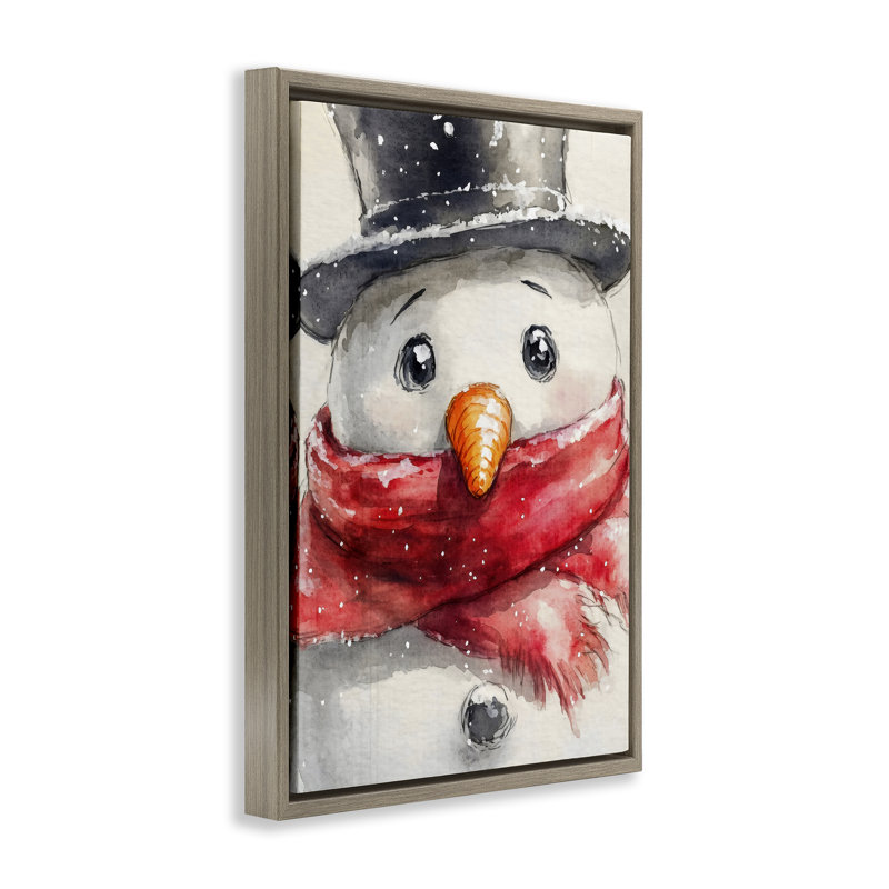 Gros plan sur un cadre flottant portrait de bonhomme de neige, design par Petal Prints Design, Cadre flottant orme Montalcino