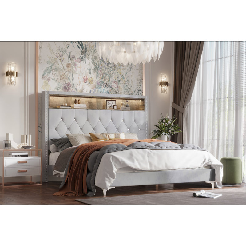 Lit capitonné standard avec rangement capitonné, Gris argenté, Grand