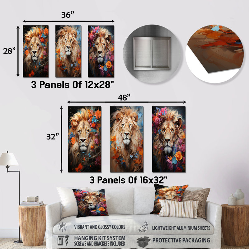 «Eernal Majesty Lion Timless Gaze», ensemble de 3 reproductions d'art en métal, H 32 po x l 48 po