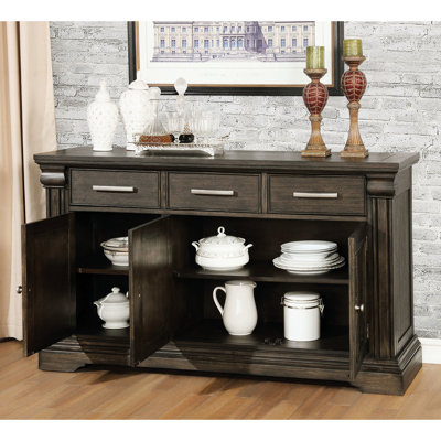 Desserte contemporaine 1 pièce en gris chaleureux, matériau en bois massif, rangement pour salle à manger, couleur de style transitionnel et autres matériaux, classique