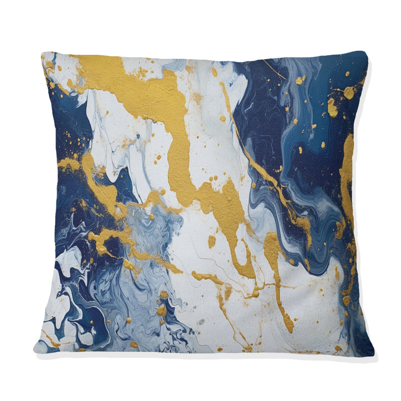 Blue And Gold Luxury Abstract Fluid Art XI - Fractals Printed Throw Pillow