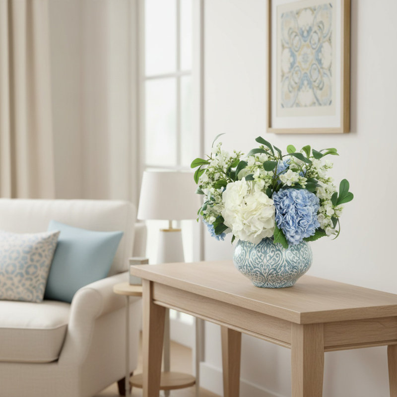 Hydrangea and Budding Stem Arrangement in Decorative Vase